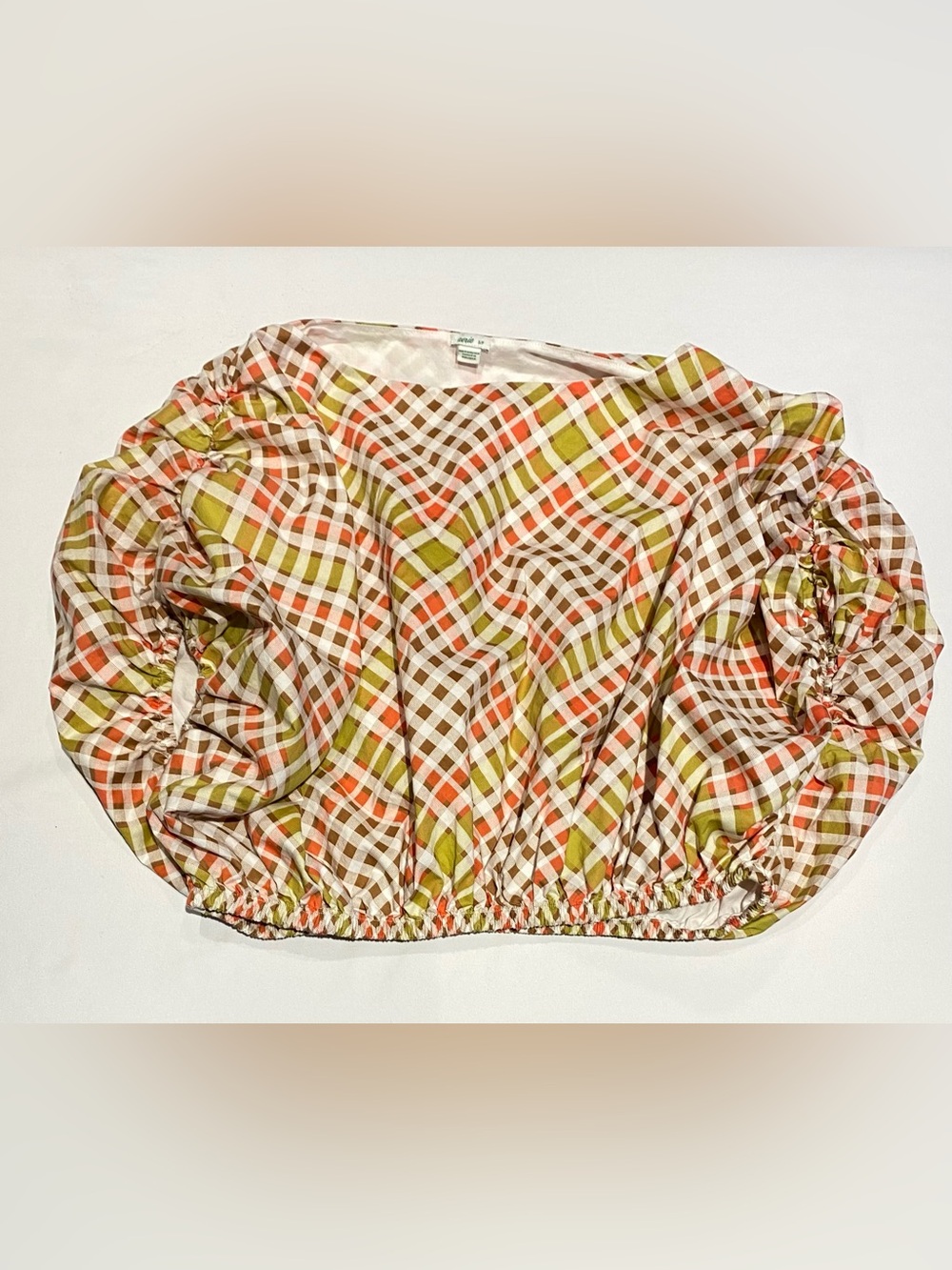 aerie Multicolor Plaid Elastic-Hem Top in Coral, Olive & Cream, size S